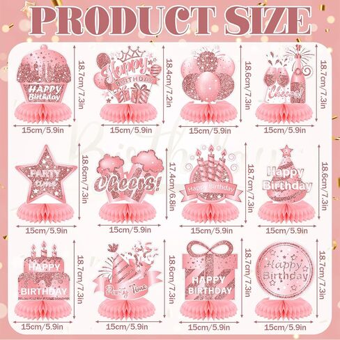 Kosiz 12 PCS Pink Rose Gold Birthday Decorations عيد ميلاد سعيد Honeycomb Countepiece Cheers Pink Rose Gold Tablers Toppers Decorations for Women Party Forms Suppors in Kuwait