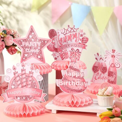Kosiz 12 PCS Pink Rose Gold Birthday Decorations عيد ميلاد سعيد Honeycomb Countepiece Cheers Pink Rose Gold Tablers Toppers Decorations for Women Party Forms Suppors in Kuwait