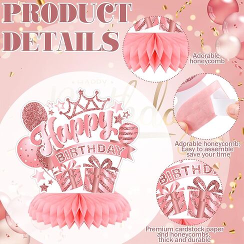 Kosiz 12 PCS Pink Rose Gold Birthday Decorations عيد ميلاد سعيد Honeycomb Countepiece Cheers Pink Rose Gold Tablers Toppers Decorations for Women Party Forms Suppors in Kuwait