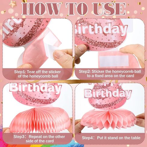 Kosiz 12 PCS Pink Rose Gold Birthday Decorations عيد ميلاد سعيد Honeycomb Countepiece Cheers Pink Rose Gold Tablers Toppers Decorations for Women Party Forms Suppors in Kuwait