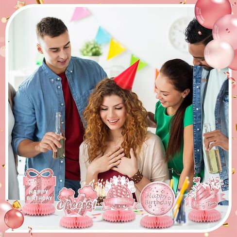 Kosiz 12 PCS Pink Rose Gold Birthday Decorations عيد ميلاد سعيد Honeycomb Countepiece Cheers Pink Rose Gold Tablers Toppers Decorations for Women Party Forms Suppors in Kuwait