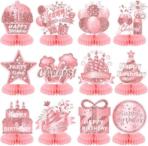 Kosiz 12 PCS Pink Rose Gold Birthday Decorations عيد ميلاد سعيد Honeycomb Countepiece Cheers Pink Rose Gold Tablers Toppers Decorations for Women Party Forms Suppors in Kuwait