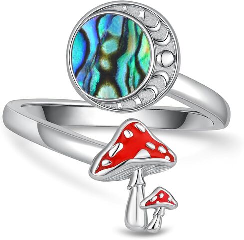 SVODEA Moon Mushroom Ring for Women,925 Sterling Silver Magical Red Mushroom Rings Moon Phase Open Rings,Anniversary Birthday Gifts for Girlfriend Teen Girls Mom, Sterling Silver, not know in Kuwait
