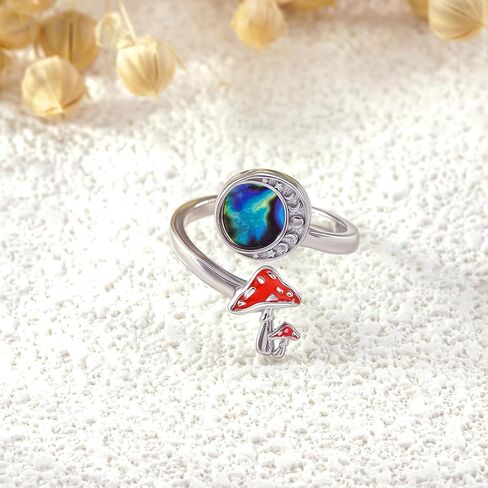 SVODEA Moon Mushroom Ring for Women,925 Sterling Silver Magical Red Mushroom Rings Moon Phase Open Rings,Anniversary Birthday Gifts for Girlfriend Teen Girls Mom, Sterling Silver, not know in Kuwait