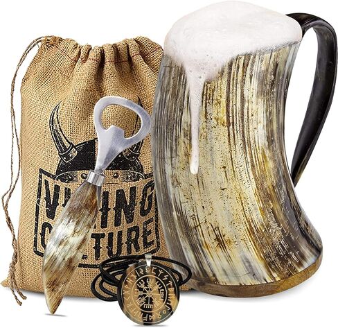 Ox Horn Mug, Shot Glass, and Bottle Opener (3 Pc Set) Authentic 16-oz. Ale, Mead, and Beer Tankard | Vintage Stein with Handle | Custom Intricate Design - Polished Finish | Wolf/Fenrir in Saudi Arabia