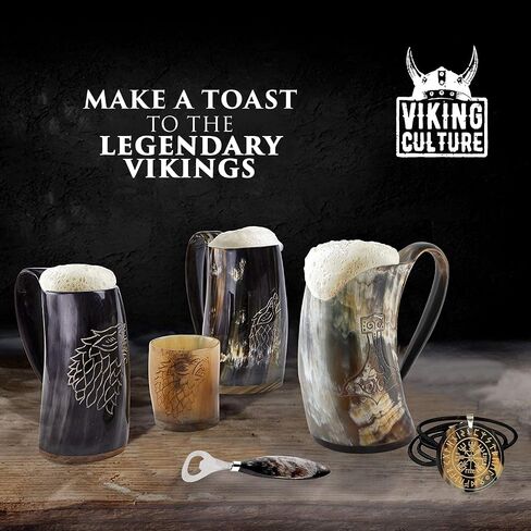 Ox Horn Mug, Shot Glass, and Bottle Opener (3 Pc Set) Authentic 16-oz. Ale, Mead, and Beer Tankard | Vintage Stein with Handle | Custom Intricate Design - Polished Finish | Wolf/Fenrir in Saudi Arabia