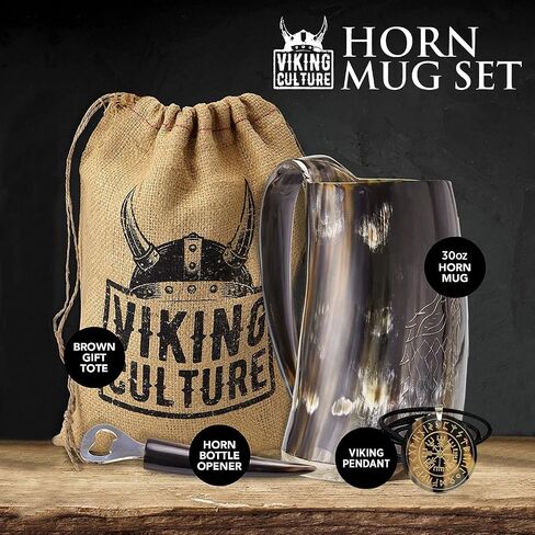 Ox Horn Mug, Shot Glass, and Bottle Opener (3 Pc Set) Authentic 16-oz. Ale, Mead, and Beer Tankard | Vintage Stein with Handle | Custom Intricate Design - Polished Finish | Wolf/Fenrir in Saudi Arabia