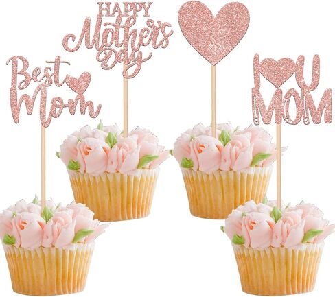 Rsstarxi 24 Pack Happy Mother's Day Cupcake Toppers Glitter Heart Best Mom I Love You Mom Cupcake Picks Decorations for Happy Mother's Day Birthday Party Supplies Rose Gold in Saudi Arabia