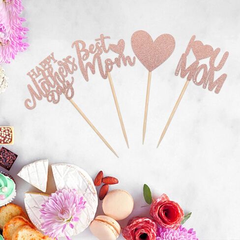 Rsstarxi 24 Pack Happy Mother's Day Cupcake Toppers Glitter Heart Best Mom I Love You Mom Cupcake Picks Decorations for Happy Mother's Day Birthday Party Supplies Rose Gold in Saudi Arabia