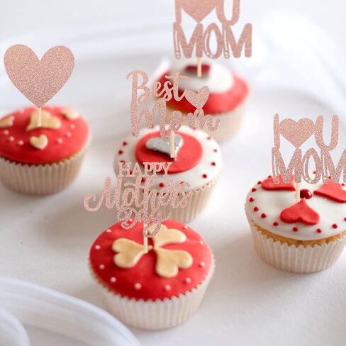 Rsstarxi 24 Pack Happy Mother's Day Cupcake Toppers Glitter Heart Best Mom I Love You Mom Cupcake Picks Decorations for Happy Mother's Day Birthday Party Supplies Rose Gold in Saudi Arabia