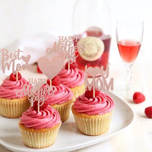 Rsstarxi 24 Pack Happy Mother's Day Cupcake Toppers Glitter Heart Best Mom I Love You Mom Cupcake Picks Decorations for Happy Mother's Day Birthday Party Supplies Rose Gold in Saudi Arabia