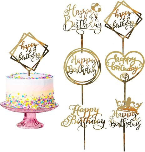 LOKIPA 6PCS Happy Birthday Cake Toppers, Flower Acrylic Cupcake Cake Toppers Gold Cake Topper for Birthday Party Anniversary Decorations in Saudi Arabia