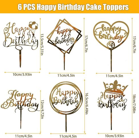 LOKIPA 6PCS Happy Birthday Cake Toppers, Flower Acrylic Cupcake Cake Toppers Gold Cake Topper for Birthday Party Anniversary Decorations in Saudi Arabia