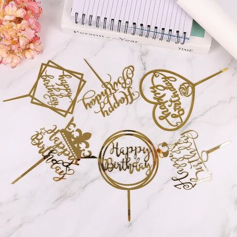 LOKIPA 6PCS Happy Birthday Cake Toppers, Flower Acrylic Cupcake Cake Toppers Gold Cake Topper for Birthday Party Anniversary Decorations in Saudi Arabia