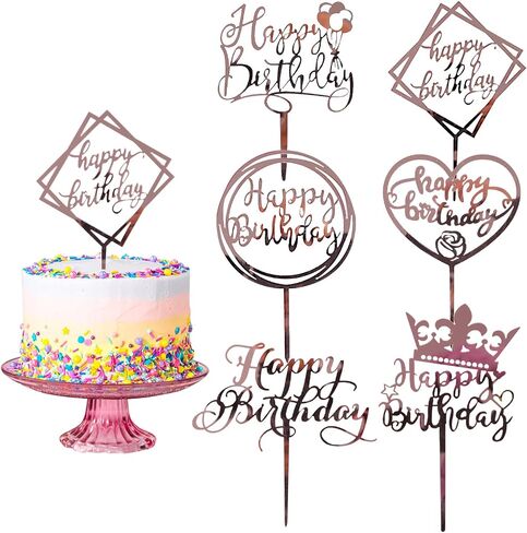 LOKIPA 6PCS Happy Birthday Cake Toppers, Flower Acrylic Cupcake Cake Toppers Gold Cake Topper for Birthday Party Anniversary Decorations in Saudi Arabia