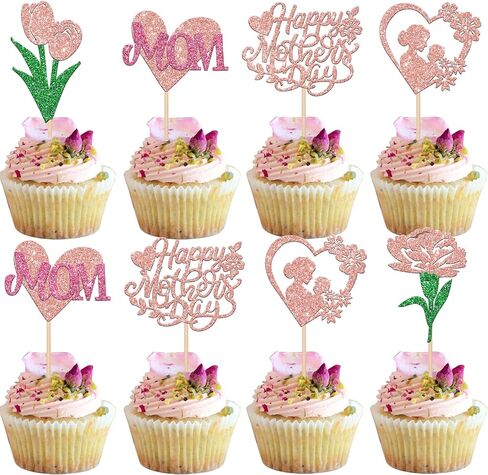 Rsstarxi 24 Pack Happy Mother's Day Cupcake Toppers Glitter Heart Best Mom I Love You Mom Cupcake Picks Decorations for Happy Mother's Day Birthday Party Supplies Rose Gold in Saudi Arabia