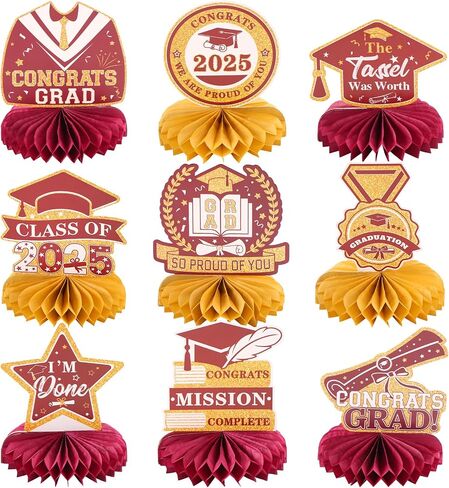 9pcs Black Gold Congrats Grad Honeycomb Centerpieces 2025 Graduation Party Table Decorations Class of 2025 You Did it Tabletop Centerpieces Grad Congratulation Party Table Topper Sign Decorations in Saudi Arabia