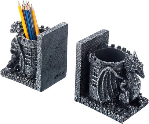 MyGift Gothic Brown Resin Dragon Guarding Castle Heavy Duty Bookends and Pencil Holder, Decorative Fantasy Inspired Dragons Tower Office Desk Pen Cup Book Ends, 1 Pair in Saudi Arabia