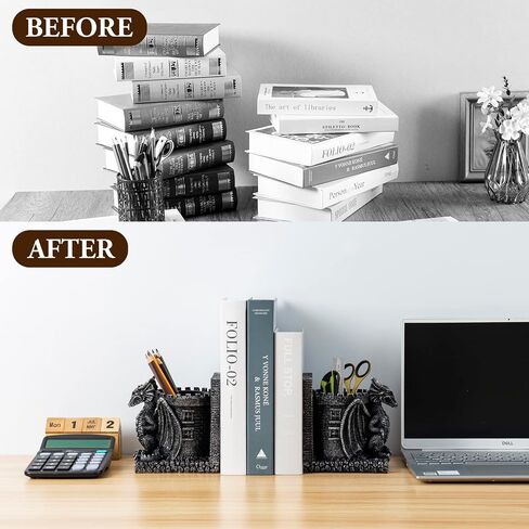 MyGift Gothic Brown Resin Dragon Guarding Castle Heavy Duty Bookends and Pencil Holder, Decorative Fantasy Inspired Dragons Tower Office Desk Pen Cup Book Ends, 1 Pair in Saudi Arabia