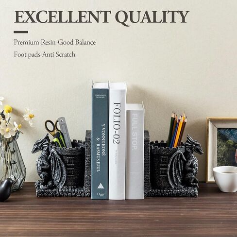 MyGift Gothic Brown Resin Dragon Guarding Castle Heavy Duty Bookends and Pencil Holder, Decorative Fantasy Inspired Dragons Tower Office Desk Pen Cup Book Ends, 1 Pair in Saudi Arabia
