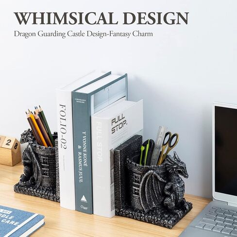 MyGift Gothic Brown Resin Dragon Guarding Castle Heavy Duty Bookends and Pencil Holder, Decorative Fantasy Inspired Dragons Tower Office Desk Pen Cup Book Ends, 1 Pair in Saudi Arabia
