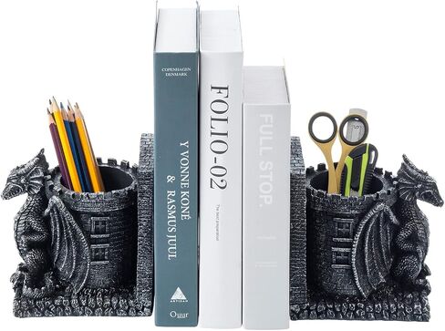 MyGift Gothic Brown Resin Dragon Guarding Castle Heavy Duty Bookends and Pencil Holder, Decorative Fantasy Inspired Dragons Tower Office Desk Pen Cup Book Ends, 1 Pair in Saudi Arabia