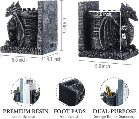 MyGift Gothic Brown Resin Dragon Guarding Castle Heavy Duty Bookends and Pencil Holder, Decorative Fantasy Inspired Dragons Tower Office Desk Pen Cup Book Ends, 1 Pair in Saudi Arabia