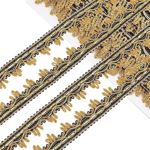 18 Yards Black and Gold Woven Braided Ribbon Flower Metallic Lace Edging Trim Vintage Decorated Gimp Fringe Upholstery Trimming for Jewelry Making Sewing Crafts Dress Home Decor DIY Supply in Kuwait