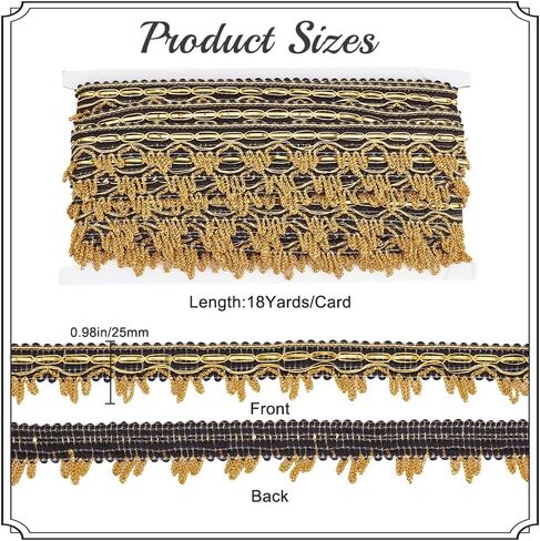 18 Yards Black and Gold Woven Braided Ribbon Flower Metallic Lace Edging Trim Vintage Decorated Gimp Fringe Upholstery Trimming for Jewelry Making Sewing Crafts Dress Home Decor DIY Supply in Kuwait