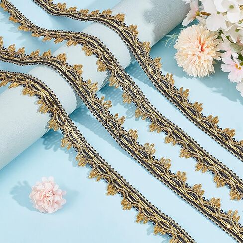 18 Yards Black and Gold Woven Braided Ribbon Flower Metallic Lace Edging Trim Vintage Decorated Gimp Fringe Upholstery Trimming for Jewelry Making Sewing Crafts Dress Home Decor DIY Supply in Kuwait