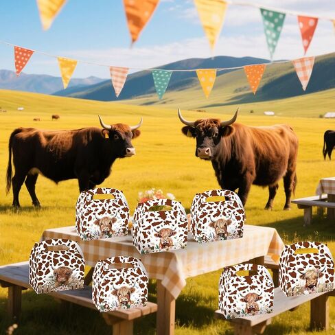 BACH AND BOUJEE 12 PCS Highland Cow Party Treat Boxes Brown Western Party Favor Gift Box Candy Boxes Bags for Western Highland Cow Baby Shower Birthday in Kuwait