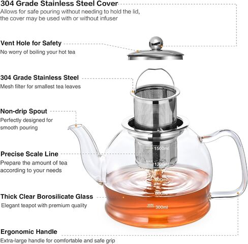 STNTUS Glass Teapot, 40 oz. / 1200 ml for Loose Tea, Glass Teapot with Infusers for Loose Tea, Tea Pot for Stove, Teapot with Stainless Steel Strainer, Teapot for 4-6 Cups in Saudi Arabia