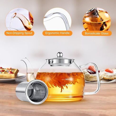 STNTUS Glass Teapot, 40 oz. / 1200 ml for Loose Tea, Glass Teapot with Infusers for Loose Tea, Tea Pot for Stove, Teapot with Stainless Steel Strainer, Teapot for 4-6 Cups in Saudi Arabia
