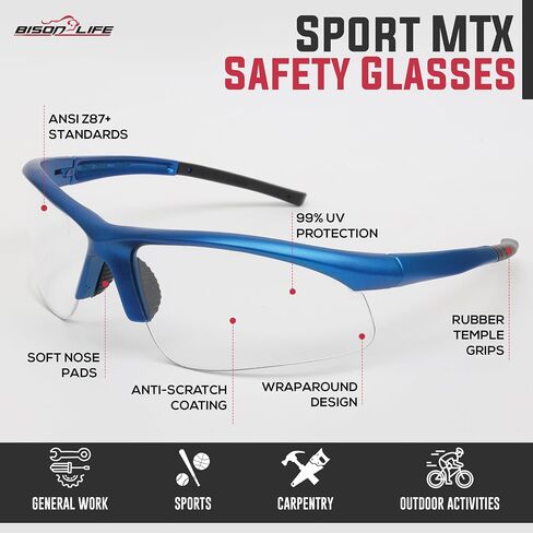 BISON LIFE Sport MTX Gray Mirror Lens Black Temple Safety Glasses, ANSI Z87+, Impact Resistant, Anti-Scratch UV Protection Lens for Shooting, Yard Work, Cycling, and Outdoor Activities (1 Pack) in Kuwait