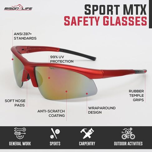 BISON LIFE Sport MTX Gray Mirror Lens Black Temple Safety Glasses, ANSI Z87+, Impact Resistant, Anti-Scratch UV Protection Lens for Shooting, Yard Work, Cycling, and Outdoor Activities (1 Pack) in Kuwait