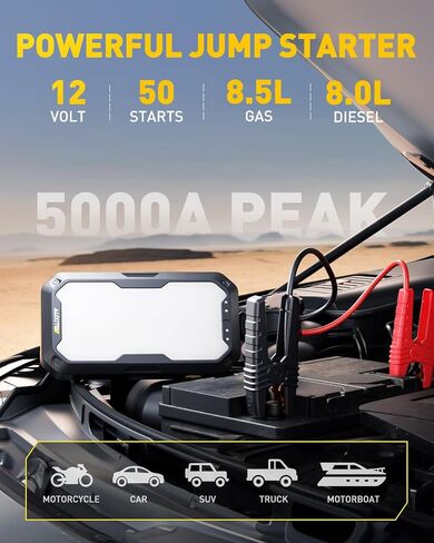 AUXITO Jump Starter, 5000A Car Battery Jump Starter, Up to 8.5L Gas and 8.0L Diesel Engines with 2000LM LED Work Panel Light, 12V Safe Jump Box with Camping Light, Power Bank and Jumper Cable in Kuwait