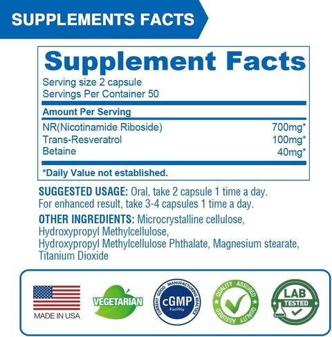NR Supplement 350 mg, Similar to NMN, Potent Nicotinamide Riboside with Resveratrol & Betaine, High Absorption & Stabilized NAD Supplement for Healthy Aging, Vegan, 30 Capsules in Kuwait