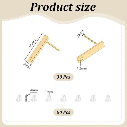 UniCraftale حوالي 30pcs 18k مستطيل مطلي بالذهب مقاطع مشاركات البار أقراط استنتجات المستطيلات مستطيلات أقراط مثقوبة بوست دبوس مع 60 ٪ in Saudi Arabia