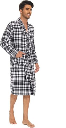 Men's Flannel Robe Knee Length Plaid Bathrobe in Kuwait