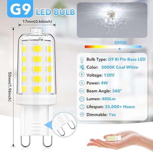 MAXvolador G9 LED Bulb Dimmable, Daylight White 6000K, 40W T4 Halogen Equivalent, Bi Pin Base 4W G9 Light Bulbs for Chandelier Lighting, 400LM, 6 Pack in Kuwait