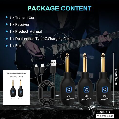 A12 Wireless Guitar Transmitter Receiver - 2.4GHz System, 24-bit 48KHz Audio, 100ft Range, No Latency, Rechargeable, Easy Pairing for Electric Guitar & Bass - Guitar Accessories in Saudi Arabia