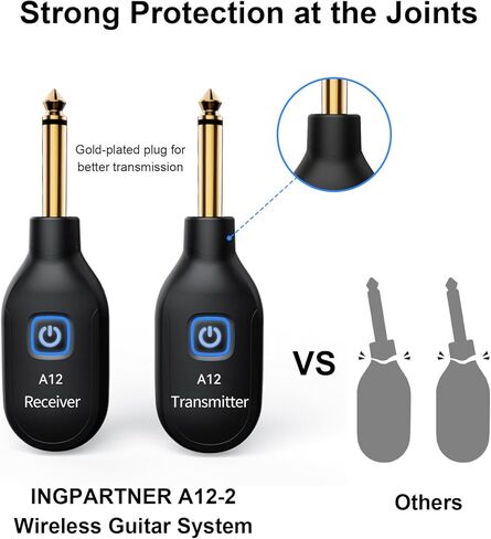 A12 Wireless Guitar Transmitter Receiver - 2.4GHz System, 24-bit 48KHz Audio, 100ft Range, No Latency, Rechargeable, Easy Pairing for Electric Guitar & Bass - Guitar Accessories in Saudi Arabia