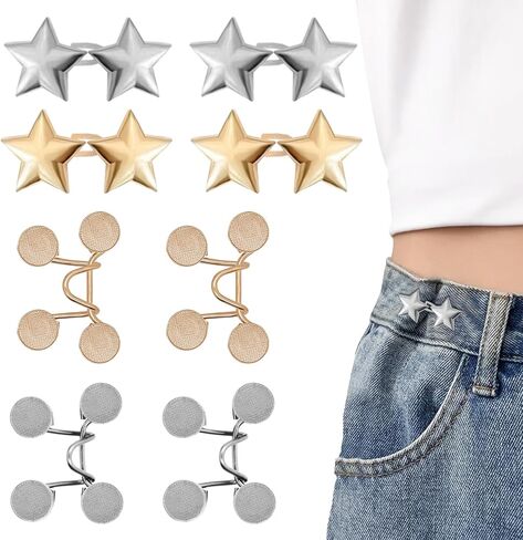 8 Set Pant Waist Tightener Star Buttons Pins for Loose Jeans Reusable Waist Cincher Clip Metal Star Tightener for Clothing Dresses Skirts No Sewing Decoration Accessories(Silver+Black) in Kuwait