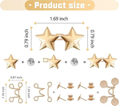 8 Set Pant Waist Tightener Star Buttons Pins for Loose Jeans Reusable Waist Cincher Clip Metal Star Tightener for Clothing Dresses Skirts No Sewing Decoration Accessories(Silver+Black) in Kuwait