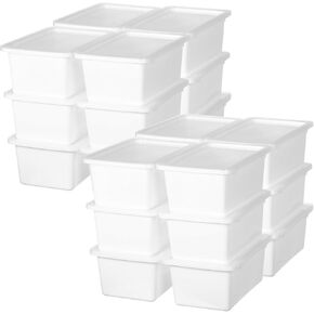 Outus 24 Pcs Plastic Small Cubby Bins with Lids Toy Storage Bins Classroom Storage Organizer Containers Books Bins With 15 Sheets Self Adhesive Labels for Classroom School Supplies(Macaron)