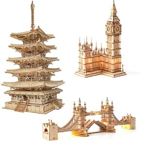Robotime 3D Puzzle Wooden Craft Kits DIY Model Building Kit Pagoda & Big Ben & Tower Bridge