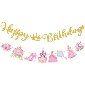 راية عيد ميلاد الأميرة الوردي لفتاة عيد ميلاد سعيد ديكورات الأميرة الحزب بريق Gold Pink Crown Carriage Floral Diamond High Heel Paper Paper Garland for Girl Party Supplies