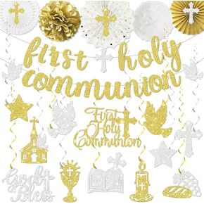 تشمل ديكورات الشركة المقدسة الأولى ، أول زخارف بالتواصل ، لافتة Glitter First Holy Compleion وأول زخارف الشركة التي تعلق دوامات لزينة Mi Bautizo