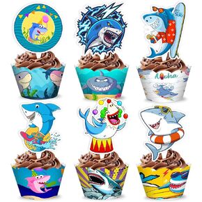 48pcs سمك القرش تحت عنوان زخارف حفلة عيد ميلاد | 24pcs cupcake toppers 24pcs cupcake wrppers party favors اللوازم المحيطات حيوانات بحر المحيط مركزية الهدايا للفتيان الفتيات كرنفال جوائز