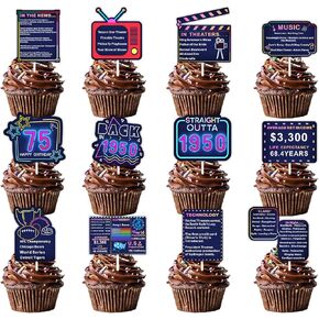24pcs زرقاء بريق اللمعان كب كيك تختار Topper للاختيار مباشرة 1965 ديكور إمدادات الرجال الرجال سعيد 60 عيد ميلاد الديكور